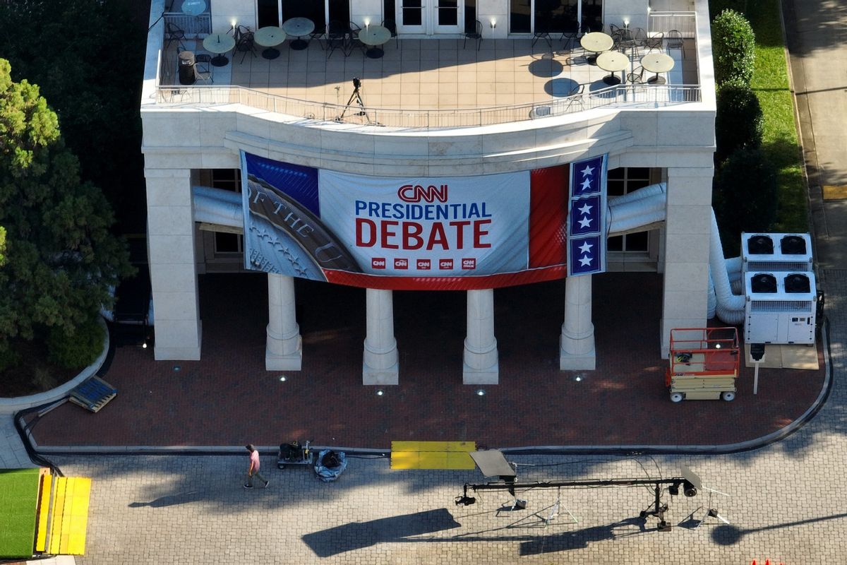 In an aerial view, signage for a CNN presidential debate is seen outside of their studios inside the Turner Entertainment Networks on June 26, 2024 in Atlanta, Georgia.  (Kevin Dietsch/Getty Images)