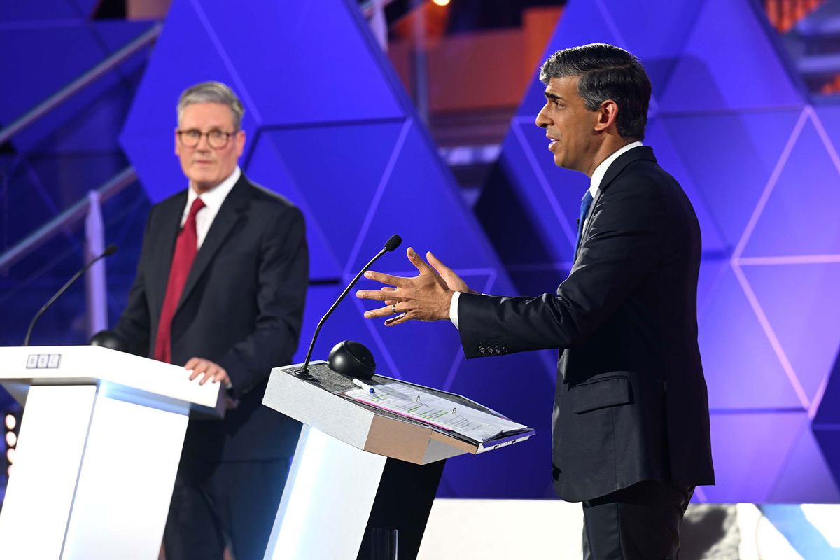 In this handout photo provided by the BBC, Labour leader Sir Keir Starmer (L) and Prime Minister Rishi Sunak (R) debate on stage during the BBC election TV debate at Nottingham Trent University on June 26, 2024 in Nottingham, England. (Jeff Overs/BBC via Getty Images)