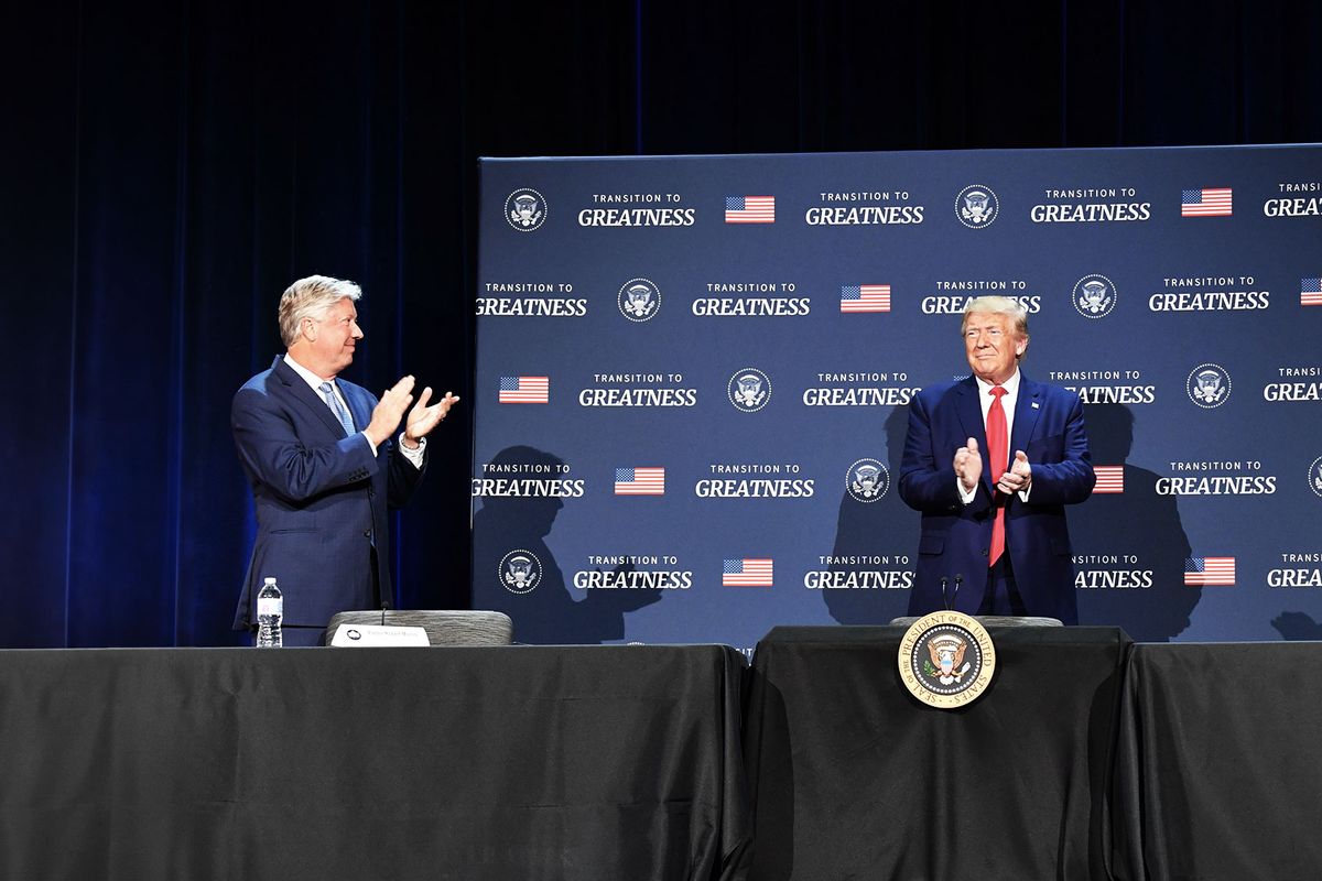 US President Donald Trump and Pastor Robert Morris at a roundtable with faith leaders, law enforcement officials, and small business owners at Gateway Church Dallas Campus in Dallas, Texas, on June 11, 2020. (NICHOLAS KAMM/AFP via Getty Images)