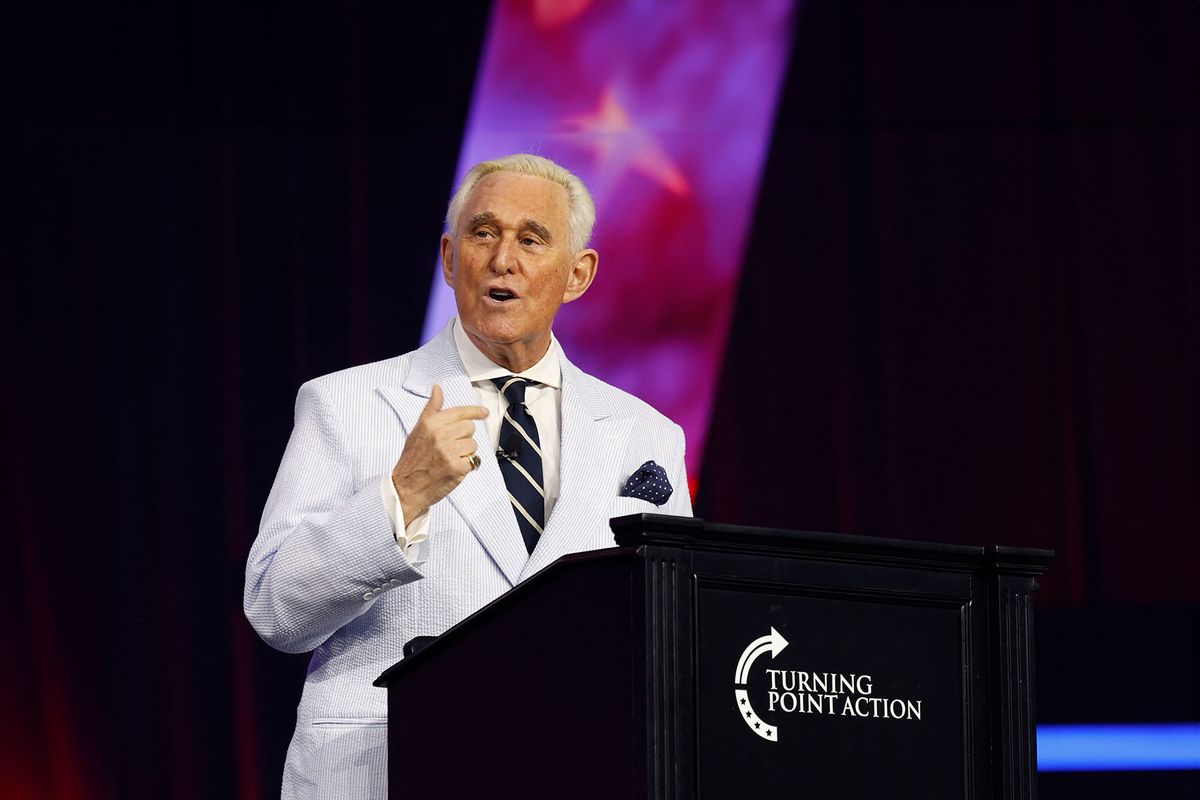 Conservative political consultant and lobbyist Roger Stone addresses the "Turning Points: The People's Convention" on June 15, 2024 at Huntington Place Convention Center in Detroit, Michigan. (JEFF KOWALSKY/AFP via Getty Images)