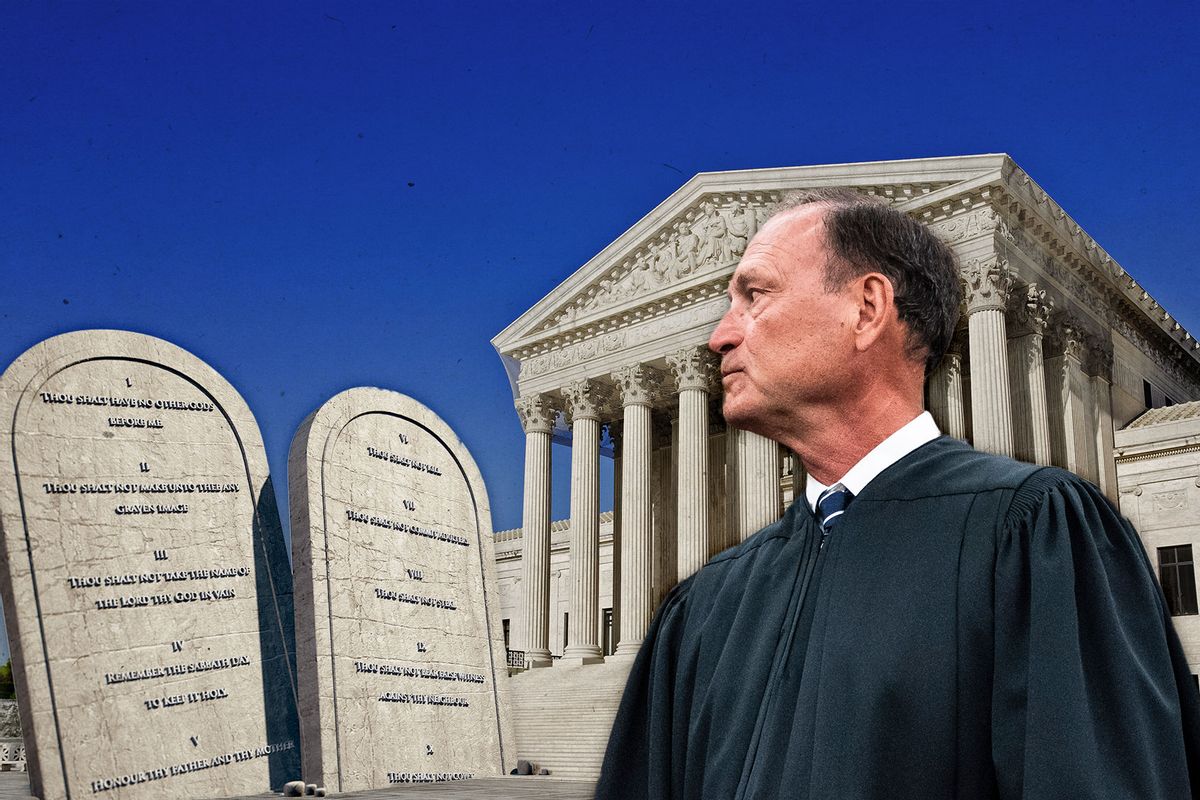 Samuel Alito and the 10 Commandments in front of the Supreme Court of the US building (Photo illustration by Salon/Getty Images)