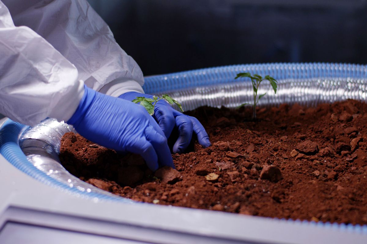 Scientist planting seedlings on a Mars base (Getty Images/EvgeniyShkolenko)