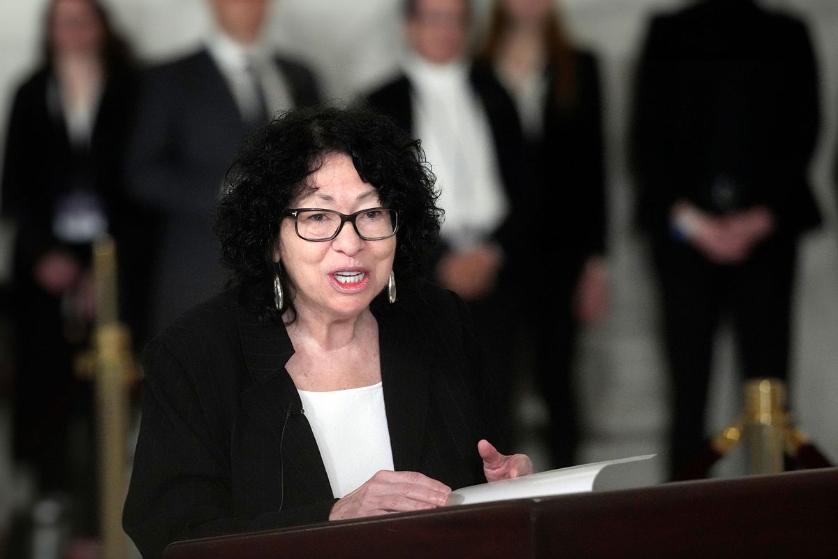 Supreme Court Justice Sonia Sotomayor speaks during a service for retired Supreme Court Justice Sandra Day O'Connor in the Great Hall at the Supreme Court December 18, 2023 in Washington, DC.  (Jacquelyn Martin-Pool/Getty Images)