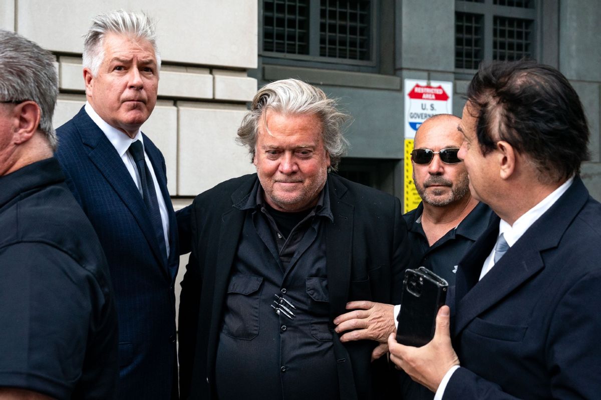 Steve Bannon, former advisor to President Donald Trump, and attorney Matthew Evan Corcoran, depart the E. Barrett Prettyman U.S. Courthouse on June 6, 2024 in Washington, DC. (Kent Nishimura/Getty Images)