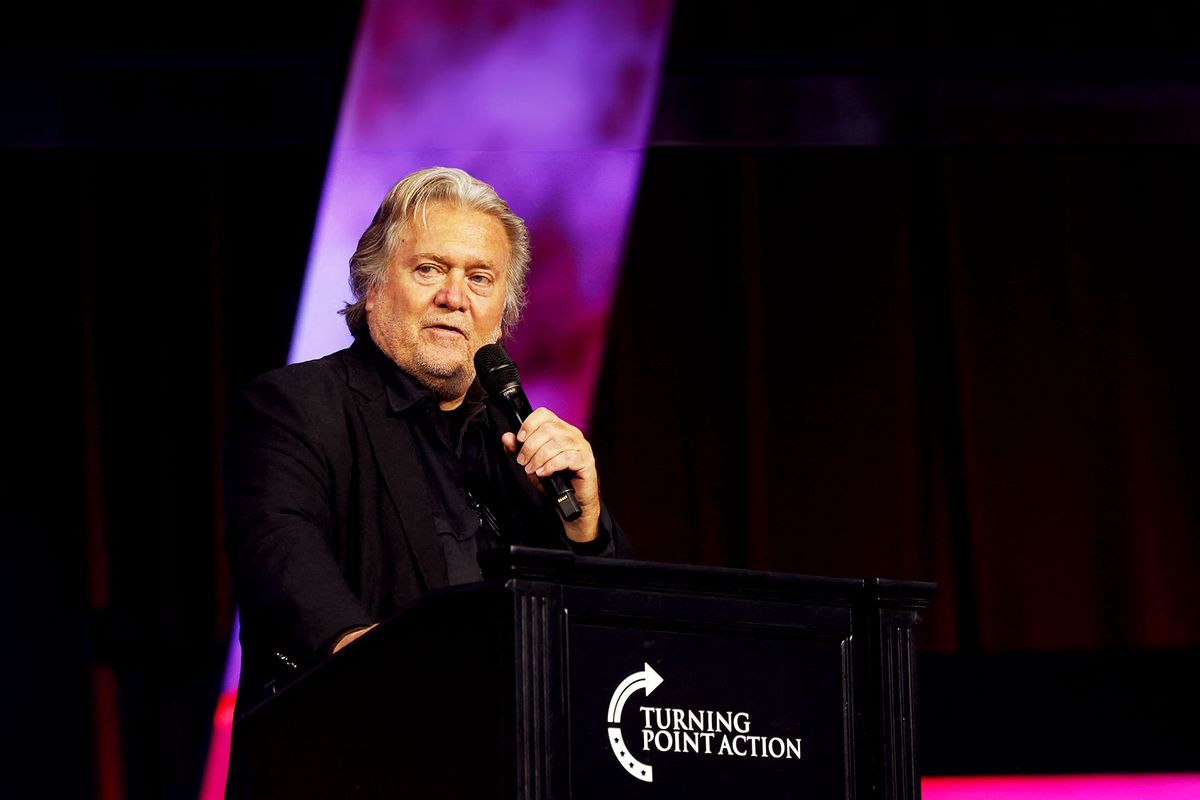 Former White House Chief Strategist Steve Bannon speaks on stage during "Turning Points: The People's Convention" on June 15, 2024 at Huntington Place Convention Center in Detroit, Michigan. (JEFF KOWALSKY/AFP via Getty Images)