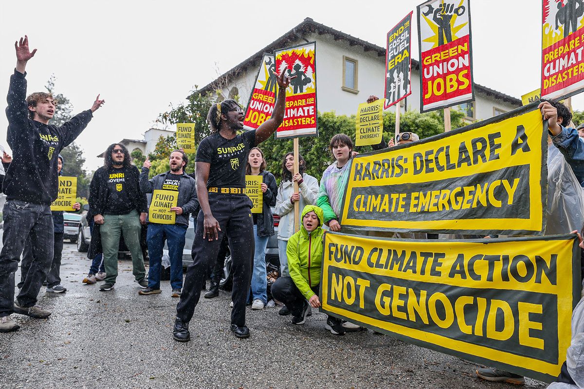 Sunrise Movement protesters gather near VP Harris' Brentwood home calling on her to urge President Biden to declare a climate emergency on Sunday, April 14, 2024. (Robert Gauthier/Los Angeles Times via Getty Images)