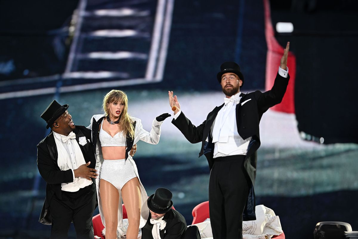 Taylor Swift is joined on stage by Travis Kelce (R), during "Taylor Swift | The Eras Tour" at Wembley Stadium on June 23, 2024 in London, England. (Gareth Cattermole/TAS24/Getty Images for TAS Rights Management)