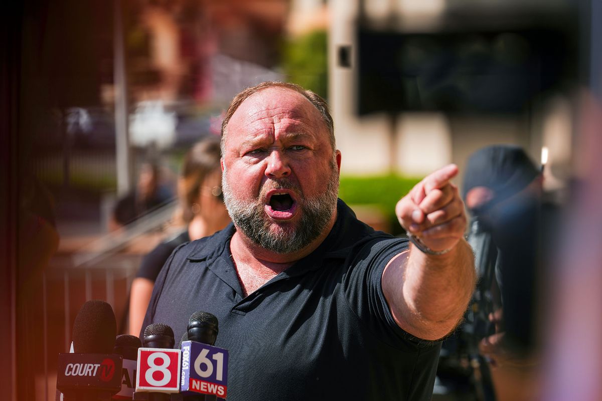 InfoWars founder Alex Jones speaks to the media outside Waterbury Superior Court during his trial on September 21, 2022 in Waterbury, Connecticut. (Joe Buglewicz/Getty Images)