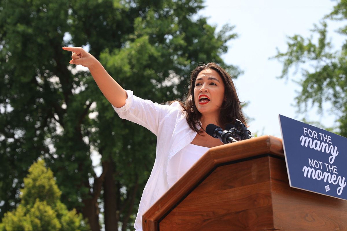 Sen. Bernie Sanders, Rep. Alexandria Ocasio-Cortez and Rep. Jamaal Bowman participate in a ''Get Out the Vote'' rally in support of Ocasio-Cortez and Bowman's re-election campaigns on Saturday, June 22, 2024 in Bronx, New York City, United States. (Photo by  (Selcuk Acar/Anadolu via Getty Images)