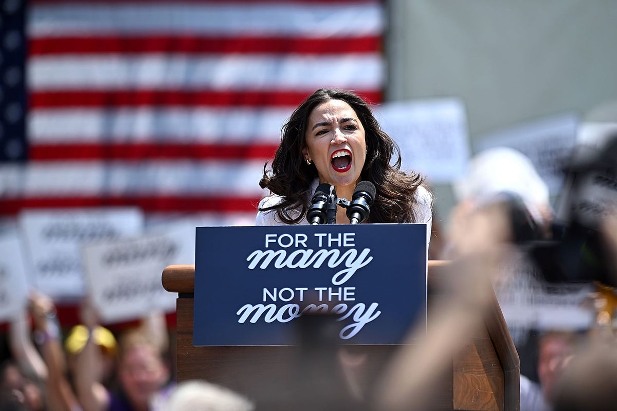 Alexandria Ocasio-Cortez speaks at a rally endorsing Jamaal Bowman at St. Mary's Park in the Bronx on June 22, 2024 in New York City. (Steven Ferdman/GC Images/GEtty Images)