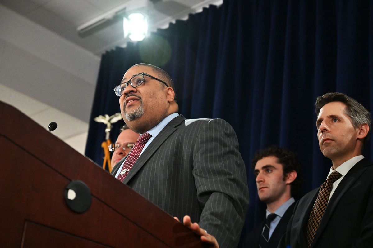 District Attorney Alvin L. Bragg, Jr., and his legal team, hold a press conference following the Trump verdict on May 30, 2024 in New York, N.Y. (Ricky Carioti/The Washington Post via Getty Images)