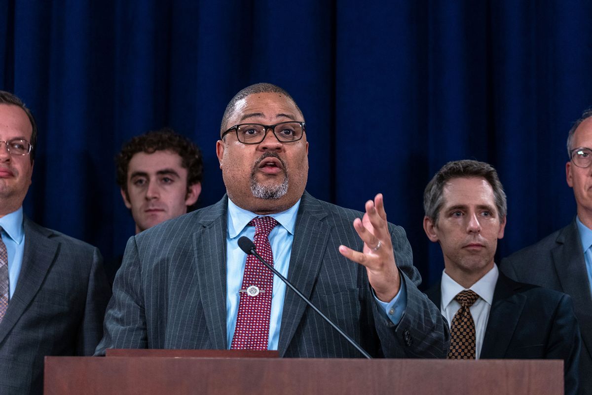 Manhattan District Attorney Alvin Bragg stands with members of his staff at a news conference following the conviction of former U.S. President Donald Trump in his hush money trial on May 30, 2024 in New York City. (Spencer Platt/Getty Images)