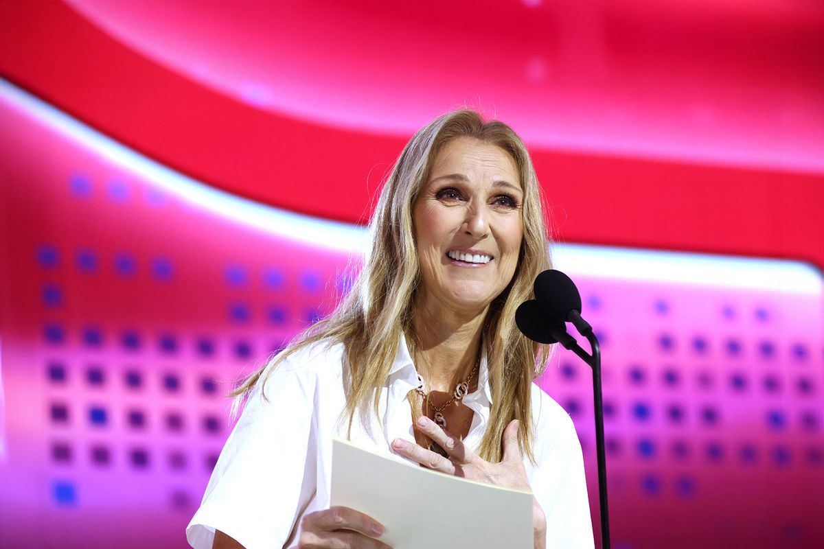 Celine Dion announces the fifth overall pick of the Montreal Canadiens onstage during the first round of the 2024 Upper Deck NHL Draft at Sphere on June 28, 2024 in Las Vegas, Nevada. (Dave Sandford/NHLI via Getty Images)