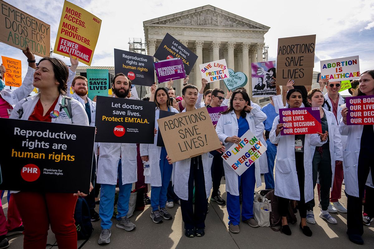 A group of doctors join abortion rights supporters at a rally outside the Supreme Court on April 24, 2024 in Washington, DC. (Andrew Harnik/Getty Images)