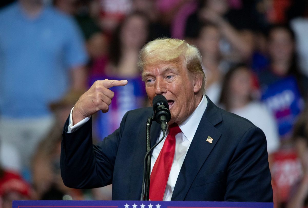 Former President Donald J. Trump holds his first public campaign rally with his running mate, Vice Presidential nominee U.S. Senator J.D. Vance (R-OH) (not pictured), at the Van Andel Arena on July 20, 2024 in Grand Rapids, Michigan. (Bill Pugliano/Getty Images)