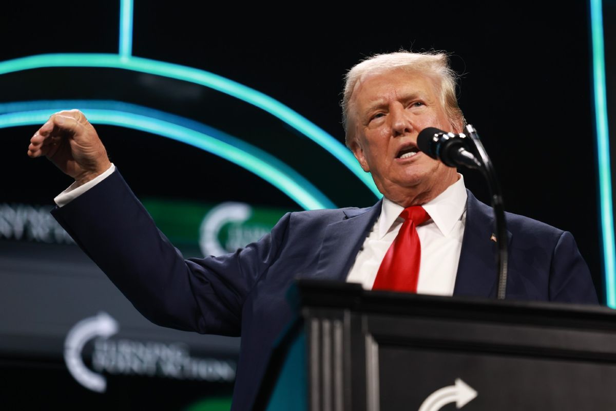 Former President Donald Trump speaks during a Turning Point USA Believers Summit conference at the Palm Beach Convention Center on July 26, 2024, in West Palm Beach, Florida.  (Joe Raedle/Getty Images)