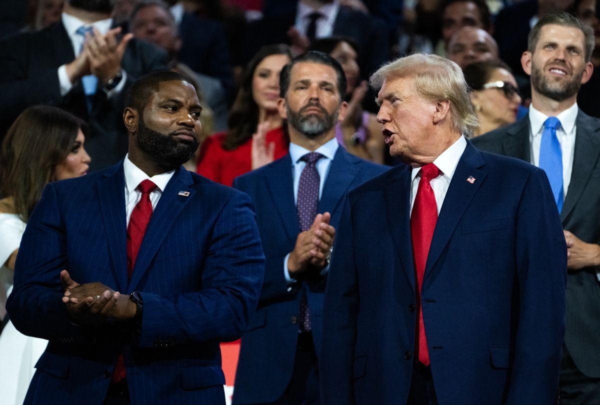 Former President Donald Trump and Rep. Byron Donalds, R-Fla., in the Fiserv Forum on the first day of Republican National Convention in Milwaukee, Wis., on Monday, July 15, 2024. (Tom Williams/CQ-Roll Call, Inc via Getty Images)