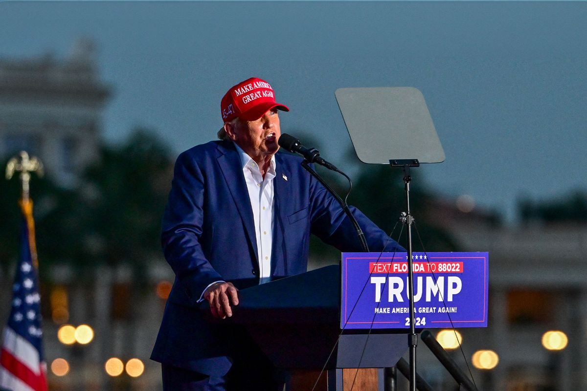 Former US President and Republican presidential candidate Donald Trump speaks during a rally in Doral, Florida, on July 9, 2024. (GIORGIO VIERA/AFP via Getty Images)