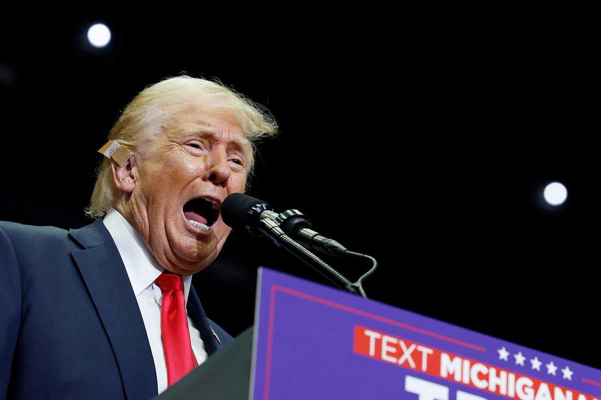 Republican presidential nominee, former U.S. President Donald Trump speaks during a campaign rally at the Van Andel Arena on July 20, 2024 in Grand Rapids, Michigan. (Anna Moneymaker/Getty Images)