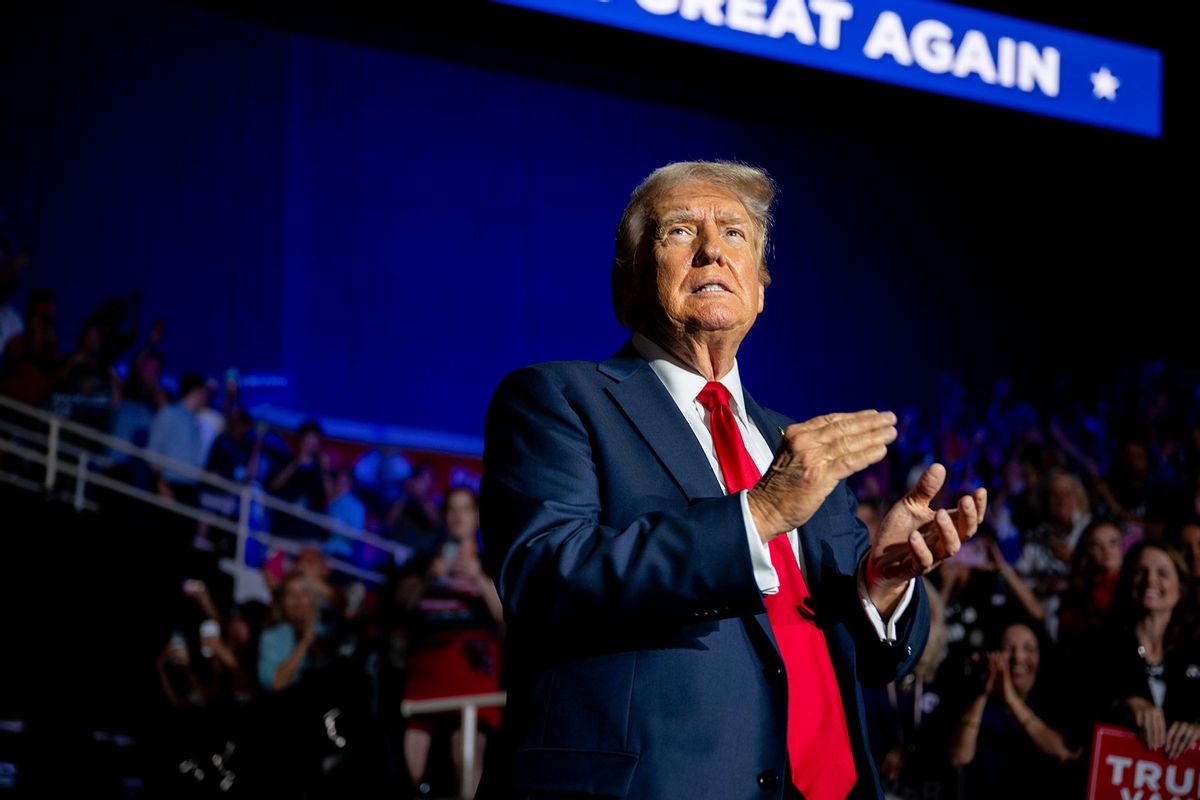 U.S. Republican Presidential nominee former President Donald Trump greets attendees upon arrival at his campaign rally at the Bojangles Coliseum on July 24, 2024 in Charlotte, North Carolina. (Brandon Bell/Getty Images)