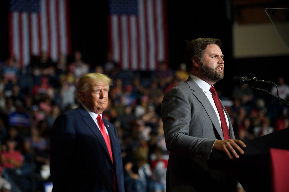 Republican Senate candidate JD Vance and former President Donald Trump speak at a Save America Rally to support Republican candidates running for state and federal offices in the state at the Covelli Centre during on September 17, 2022 in Youngstown, Ohio. (Jeff Swensen/Getty Images)