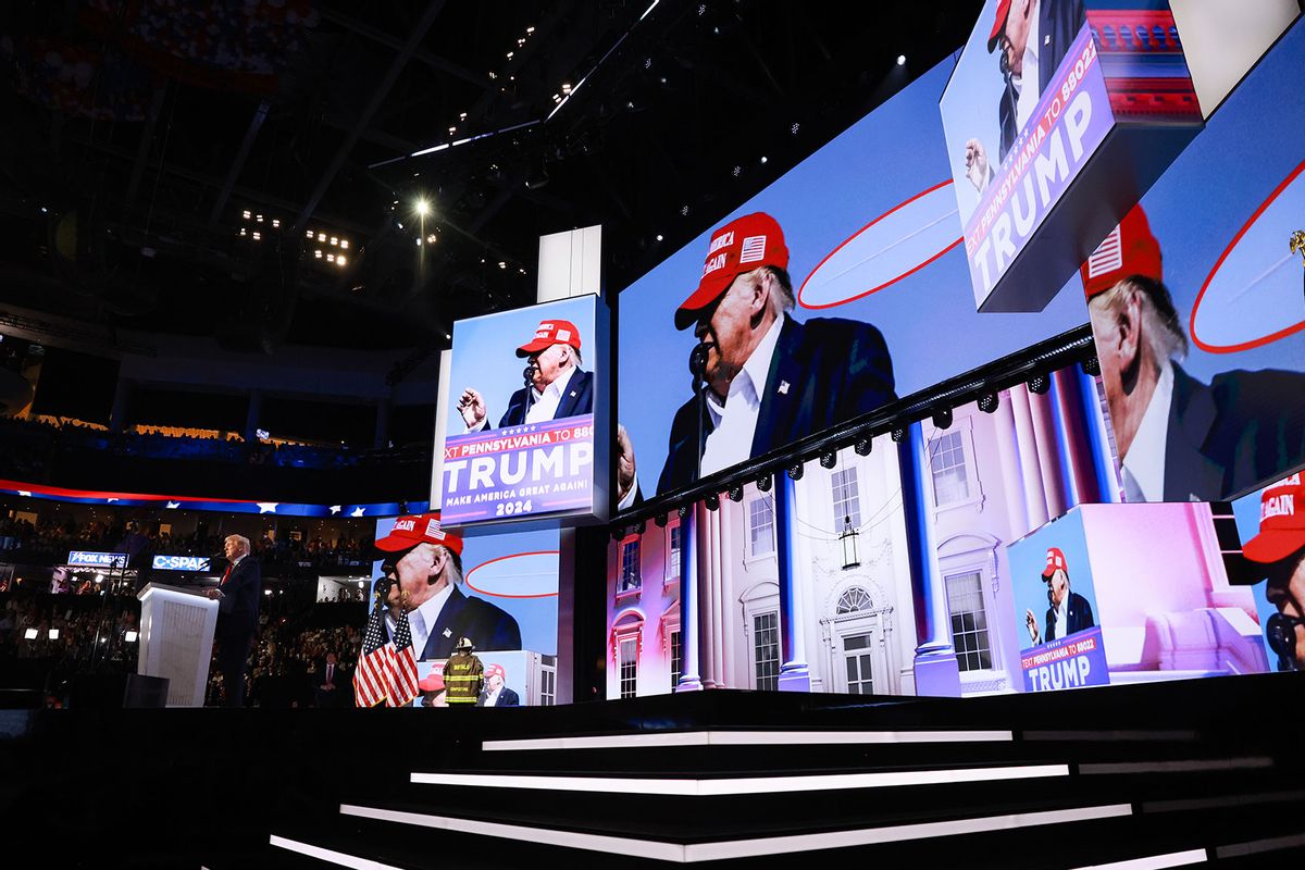 Republican presidential nominee, former U.S. President Donald Trump speaks after officially accepting the Republican presidential nomination on stage on the fourth day of the Republican National Convention at the Fiserv Forum on July 18, 2024 in Milwaukee, Wisconsin. (Joe Raedle/Getty Images)