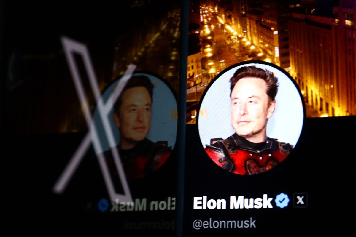 X logo displayed on a phone screen and Elon Musk account on X displayed on a laptop screen. (Jakub Porzycki/NurPhoto via Getty Images)