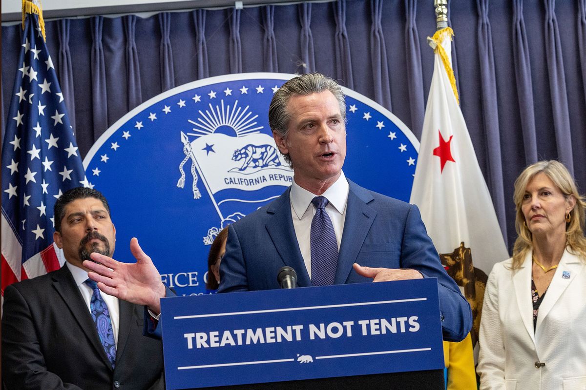 California Governor Gavin Newsom speaks at a press conference about the passage of Proposition 1, a $6.4 billion bond to fund treatment and housing for homeless people with severe mental illnesses and addiction on Thursday, March 21, 2024 in Los Angeles, CA. (Brian van der Brug / Los Angeles Times via Getty Images)