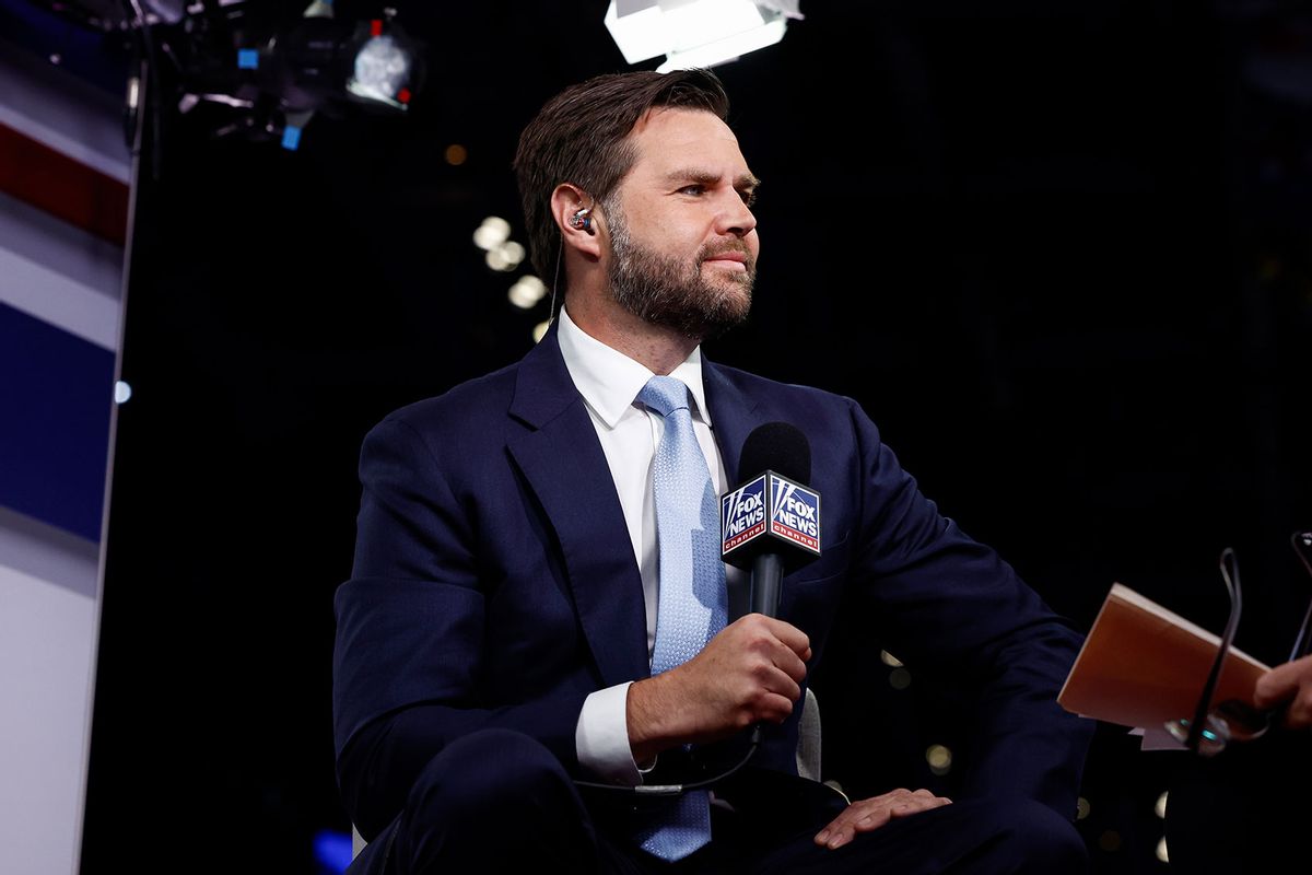 Republican Vice Presidential candidate, U.S. Sen. J.D. Vance (R-OH) speaks to Fox News anchor Sean Hannity (not seen) on the first day of the Republican National Convention at the Fiserv Forum on July 15, 2024 in Milwaukee, Wisconsin. (Anna Moneymaker/Getty Images)