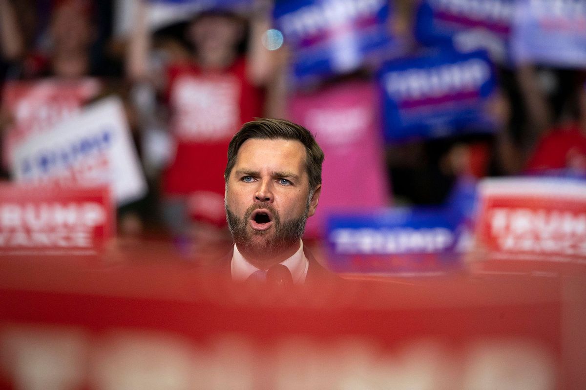 Republican vice presidential nominee U.S. Sen. J.D. Vance (R-OH) speaks at the first public rally with his running mate, former U.S. President Donald Trump (not pictured), at the Van Andel Arena on July 20, 2024 in Grand Rapids, Michigan. (Bill Pugliano/Getty Images)