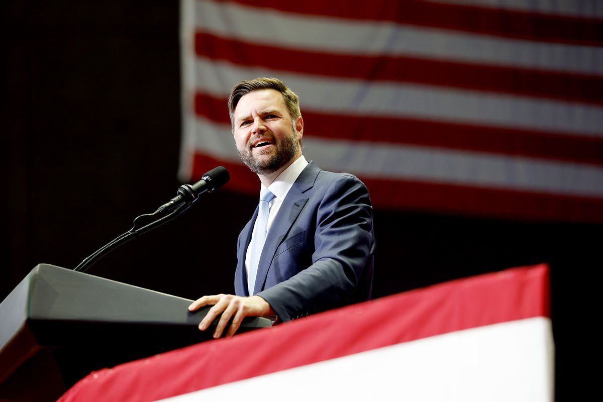 Republican vice presidential candidate, Sen. J.D. Vance (R-OH) speaks during a campaign rally at the Van Andel Arena on July 20, 2024 in Grand Rapids, Michigan. (Anna Moneymaker/Getty Images)