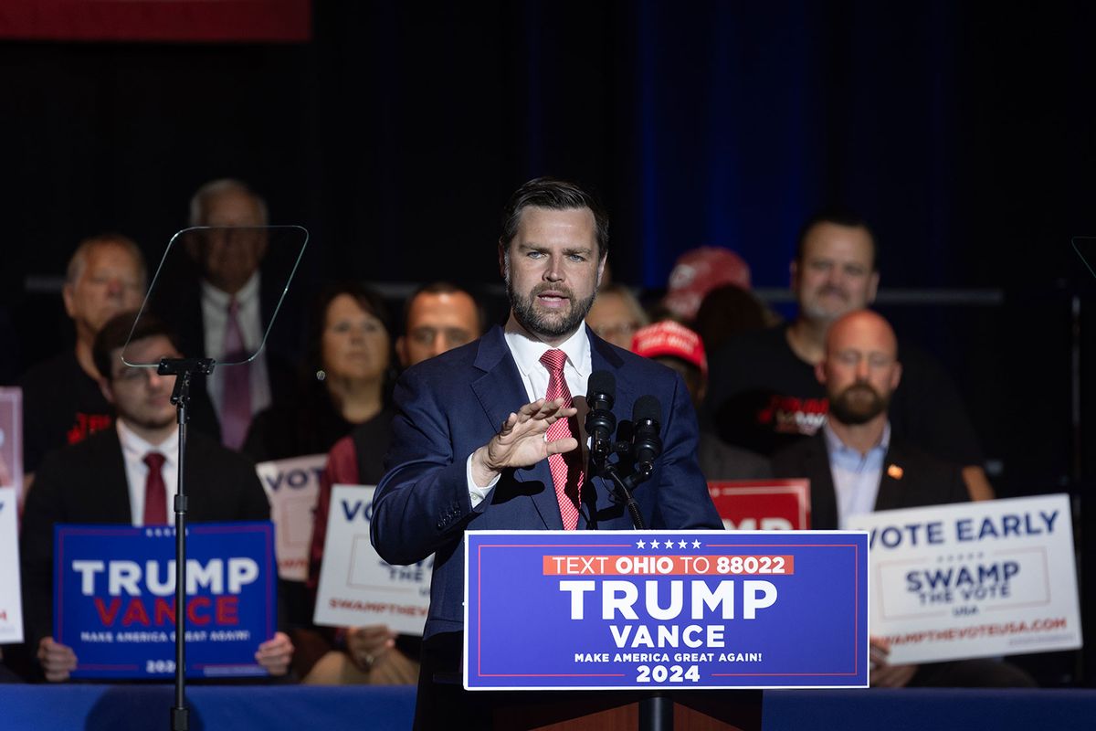 Republican vice presidential nominee Sen. JD Vance (R-OH) speaks during a campaign rally at Middletown High School on July 22, 2024 in Middletown, Ohio. (Scott Olson/Getty Images)