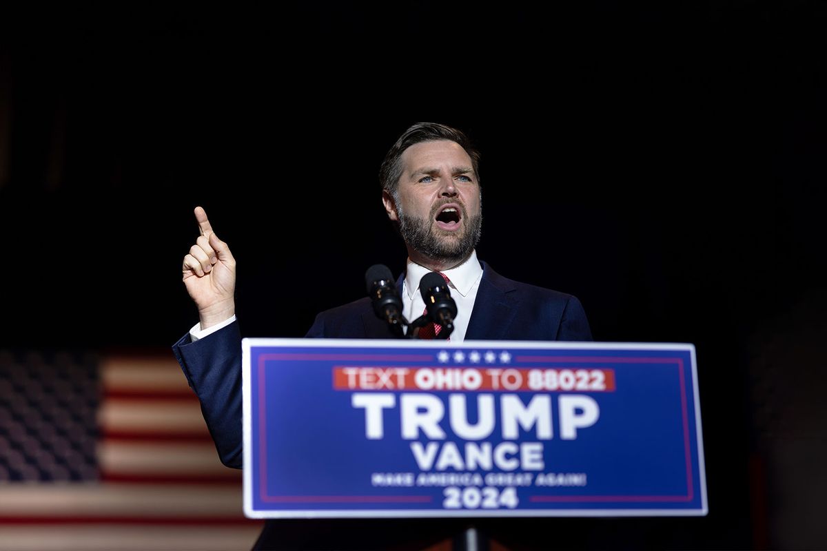 Republican vice presidential nominee Sen. JD Vance (R-OH) speaks during a campaign rally at Middletown High School on July 22, 2024 in Middletown, Ohio. (Scott Olson/Getty Images)