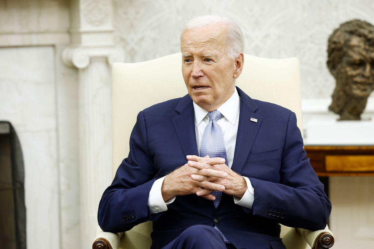 U.S. President Joe Biden speaks alongside British Prime Minister Keir Starmer to reporters before participating in a bilateral meeting in the Oval Office of the White House on July 10, 2024 in Washington, DC. (Anna Moneymaker/Getty Images)