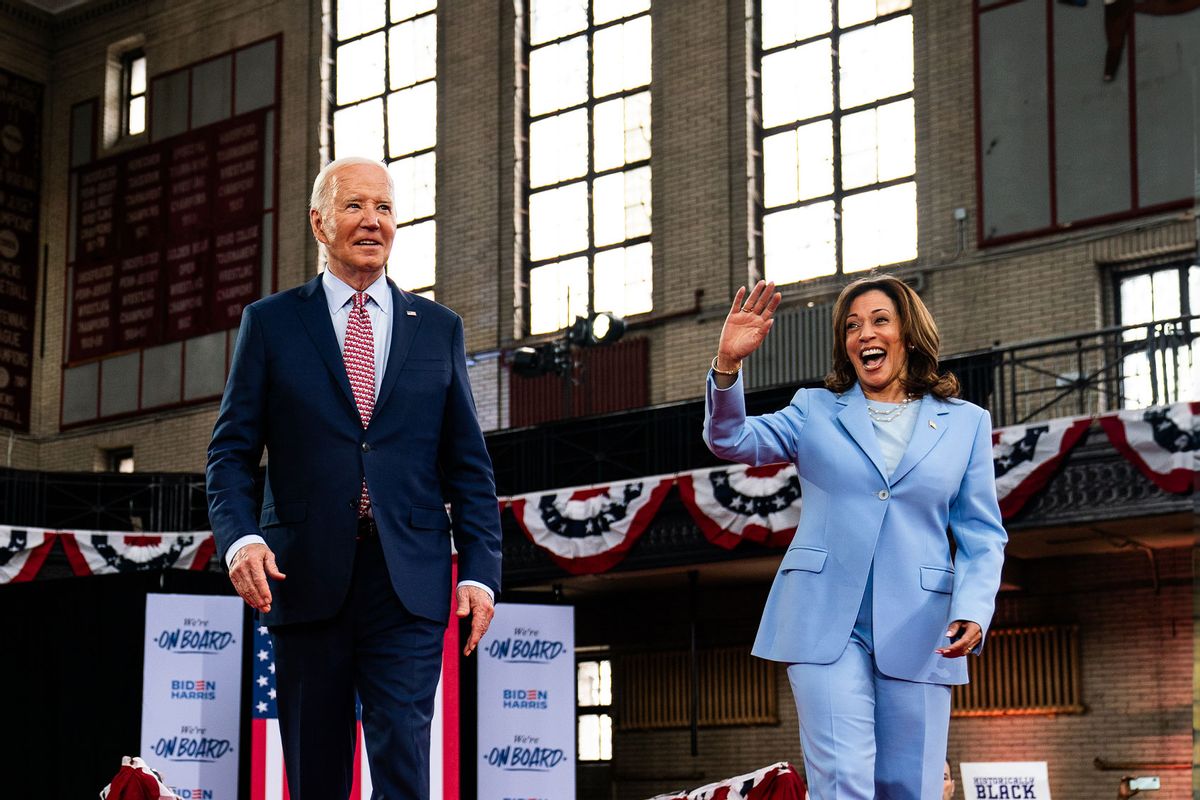 US President Joe Biden and Vice President Kamala Harris enter for a campaign event at Girard College in Philadelphia, Pa on Wednesday May 29, 2024. (Demetrius Freeman/The Washington Post via Getty Images)