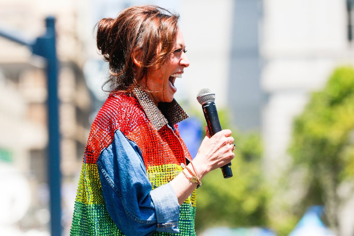 Kamala Harris greets the crowd at the annual Pride Parade at Civic Center in San Francisco, California, on Sunday, June 30, 2019. (Gabrielle Lurie/The San Francisco Chronicle via Getty Images)