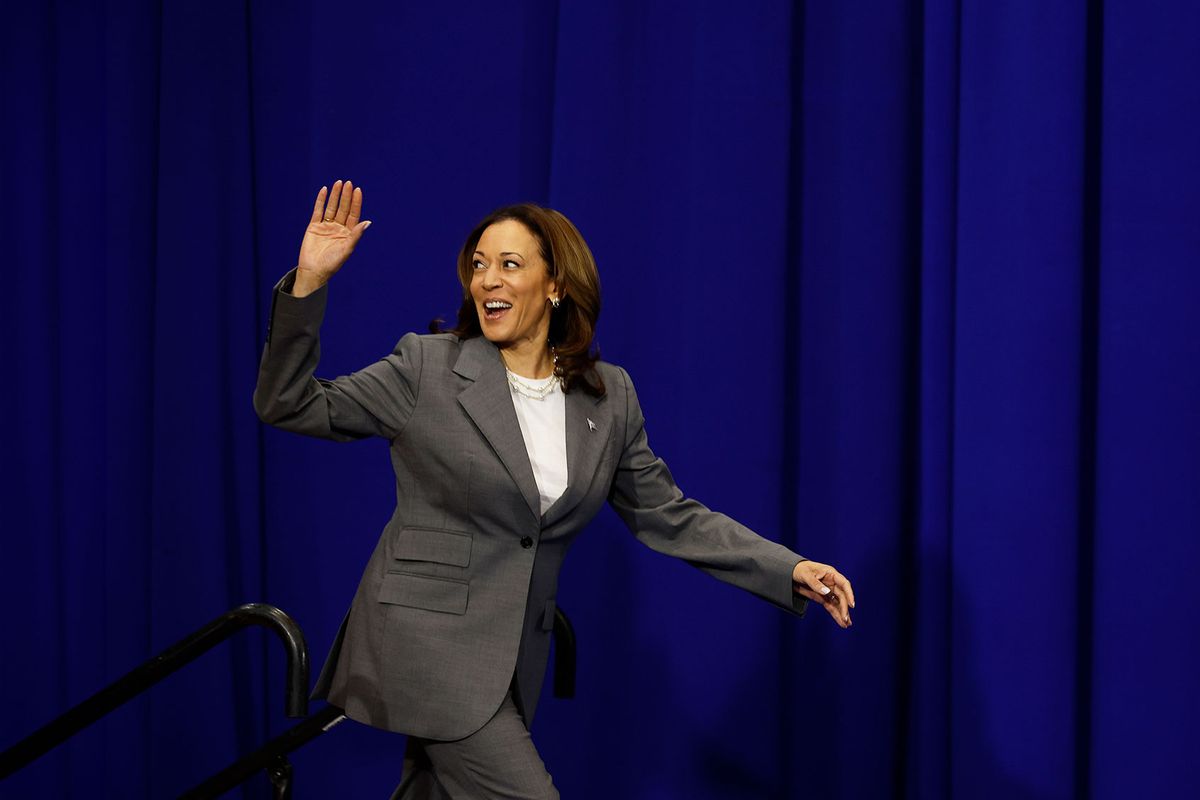 U.S. Vice President Kamala Harris waves as she arrives on stage to deliver remarks on reproductive rights at Ritchie Coliseum on the campus of the University of Maryland on June 24, 2024 in College Park, Maryland. (Kevin Dietsch/Getty Images)