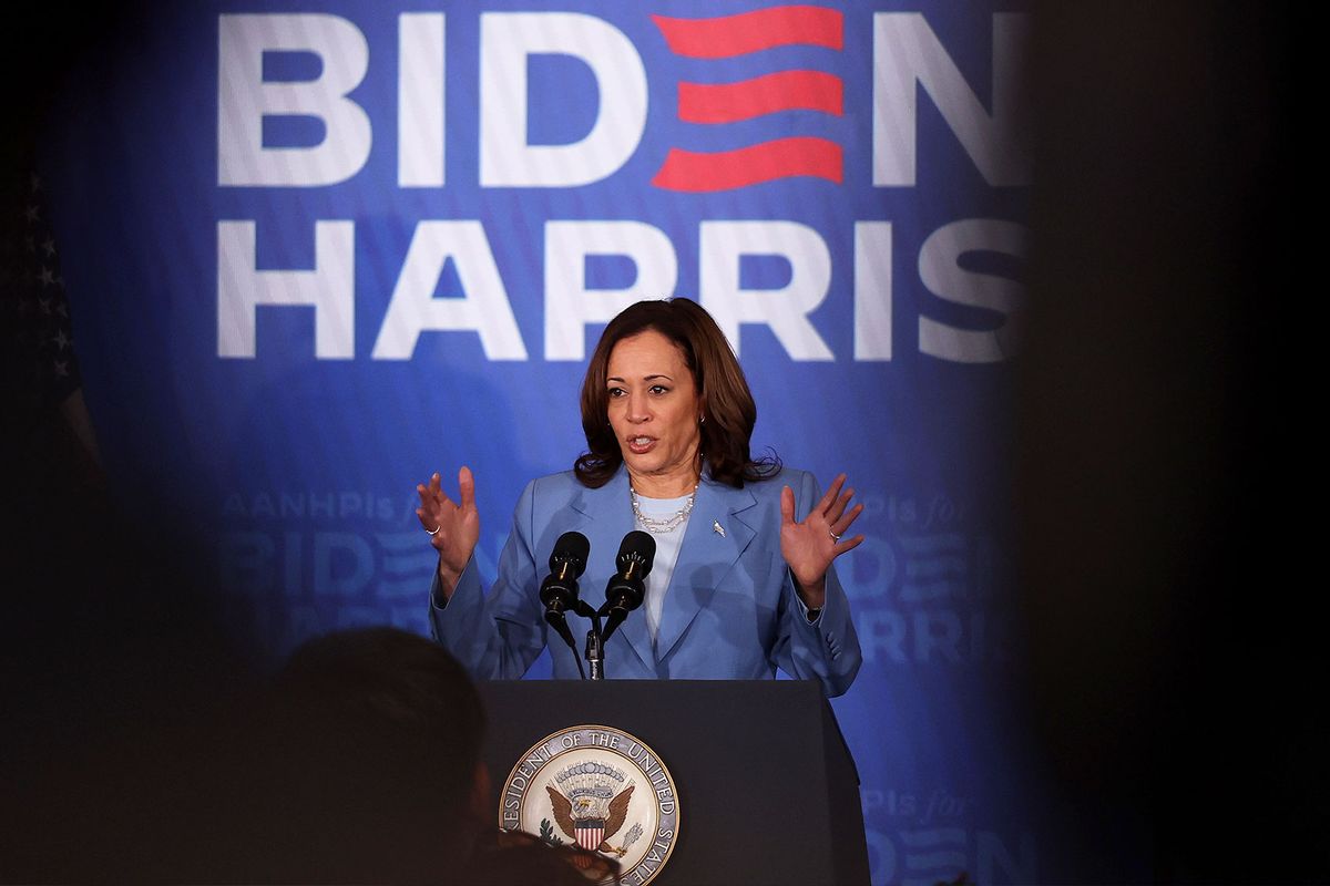 U.S. Vice President Kamala Harris speaks during a campaign event at Resorts World Las Vegas on July 09, 2024 in Las Vegas, Nevada. (Justin Sullivan/Getty Images)