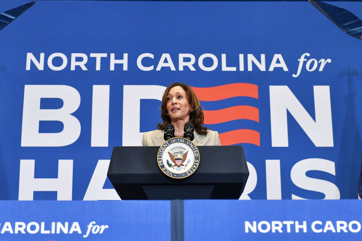 U.S. Vice President Kamala Harris holds a campaign event that is her seventh visit to North Carolina this year and 15th trip to the state since taking office in Fayetteville NC, North Carolina, United States on July 18, 2024. (Peter Zay/Anadolu via Getty Images)