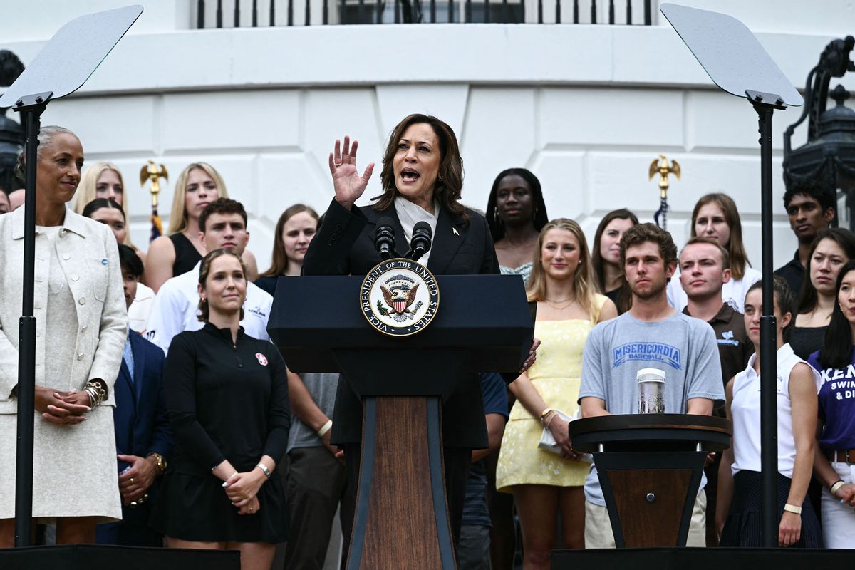 US Vice President Kamala Harris speaks during an event honoring National Collegiate Athletic Association (NCAA) championship teams from the 2023-2024 season, on the South Lawn of the White House in Washington, DC on July 22, 2024. (BRENDAN SMIALOWSKI/AFP via Getty Images)