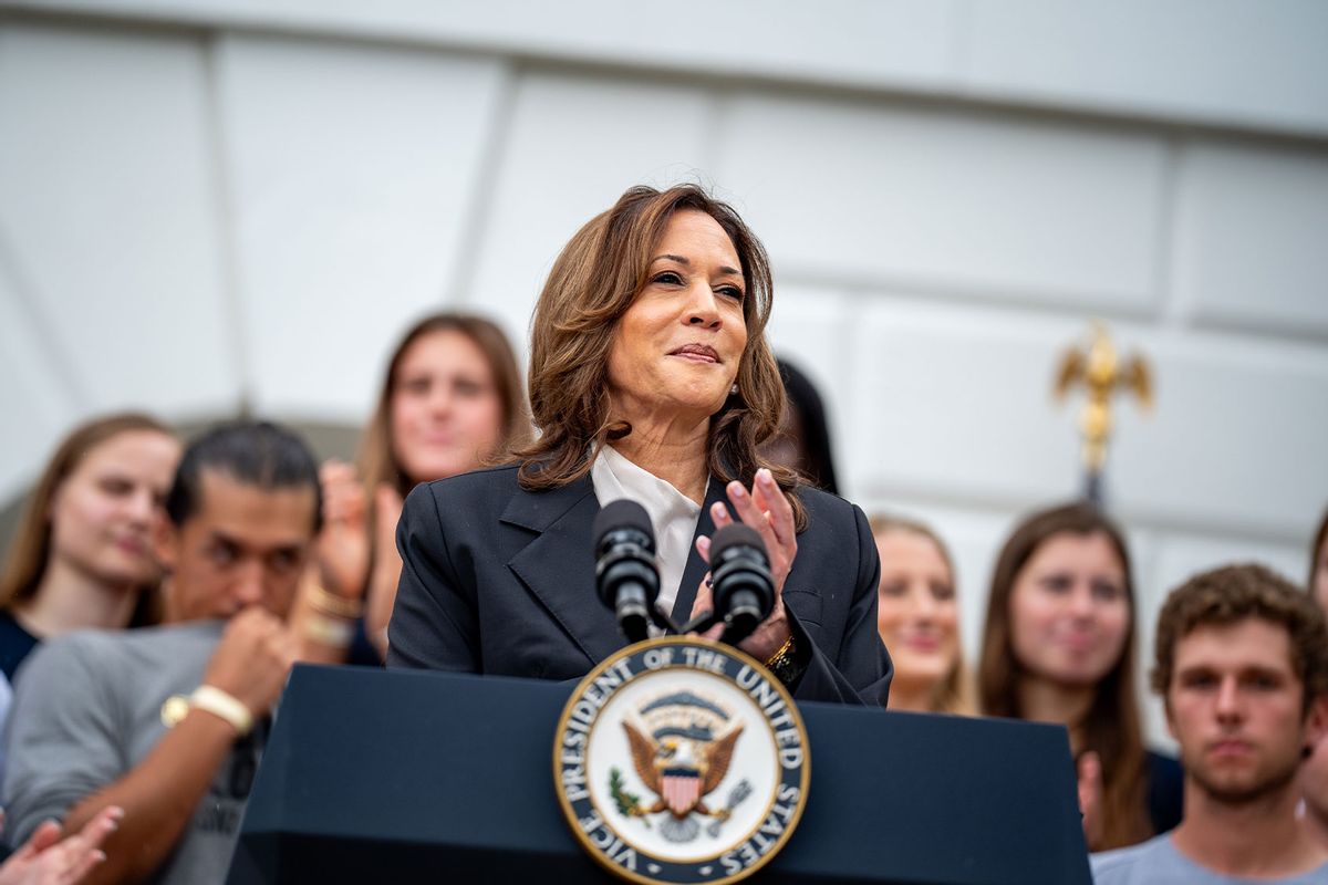 U.S. Vice President Kamala Harris speaks during an NCAA championship teams celebration on the South Lawn of the White House on July 22, 2024 in Washington, DC. (Andrew Harnik/Getty Images)