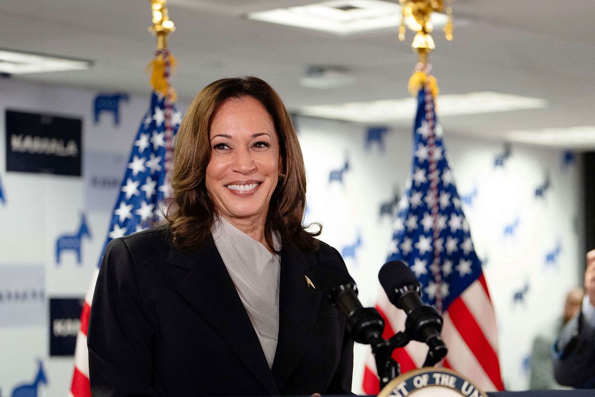 US Vice President and Democratic presidential candidate Kamala Harris speaks at her campaign headquarters in Wilmington, Delaware, on July 22, 2024. (ERIN SCHAFF/POOL/AFP via Getty Images)