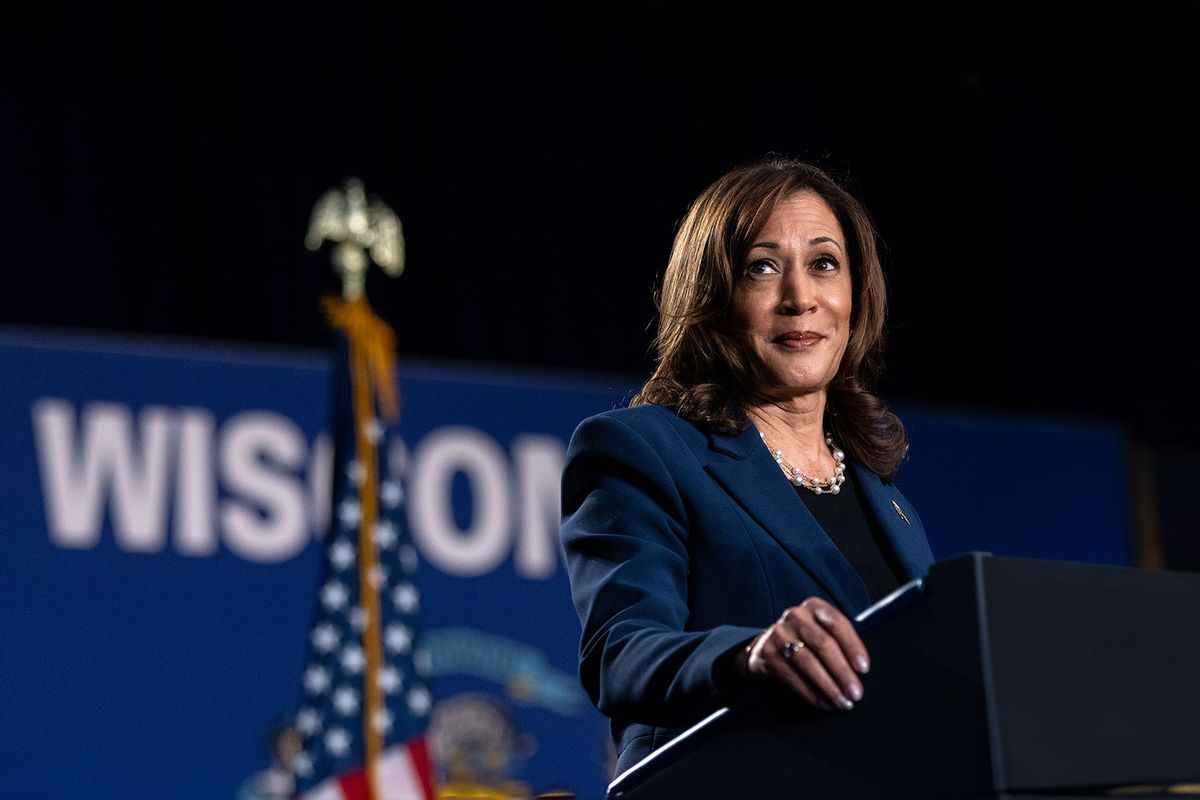 Democratic presidential candidate, U.S. Vice President Kamala Harris speaks to supporters during a campaign rally at West Allis Central High School on July 23, 2024 in West Allis, Wisconsin. (Jim Vondruska/Getty Images)