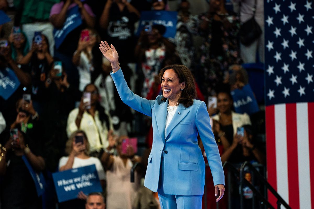 Vice President Kamala Harris takes the stage for a campaign event at the Georgia State Convocation Center in Atlanta, Georgia, on Tuesday, July 30, 2024. (Demetrius Freeman/The Washington Post via Getty Images)