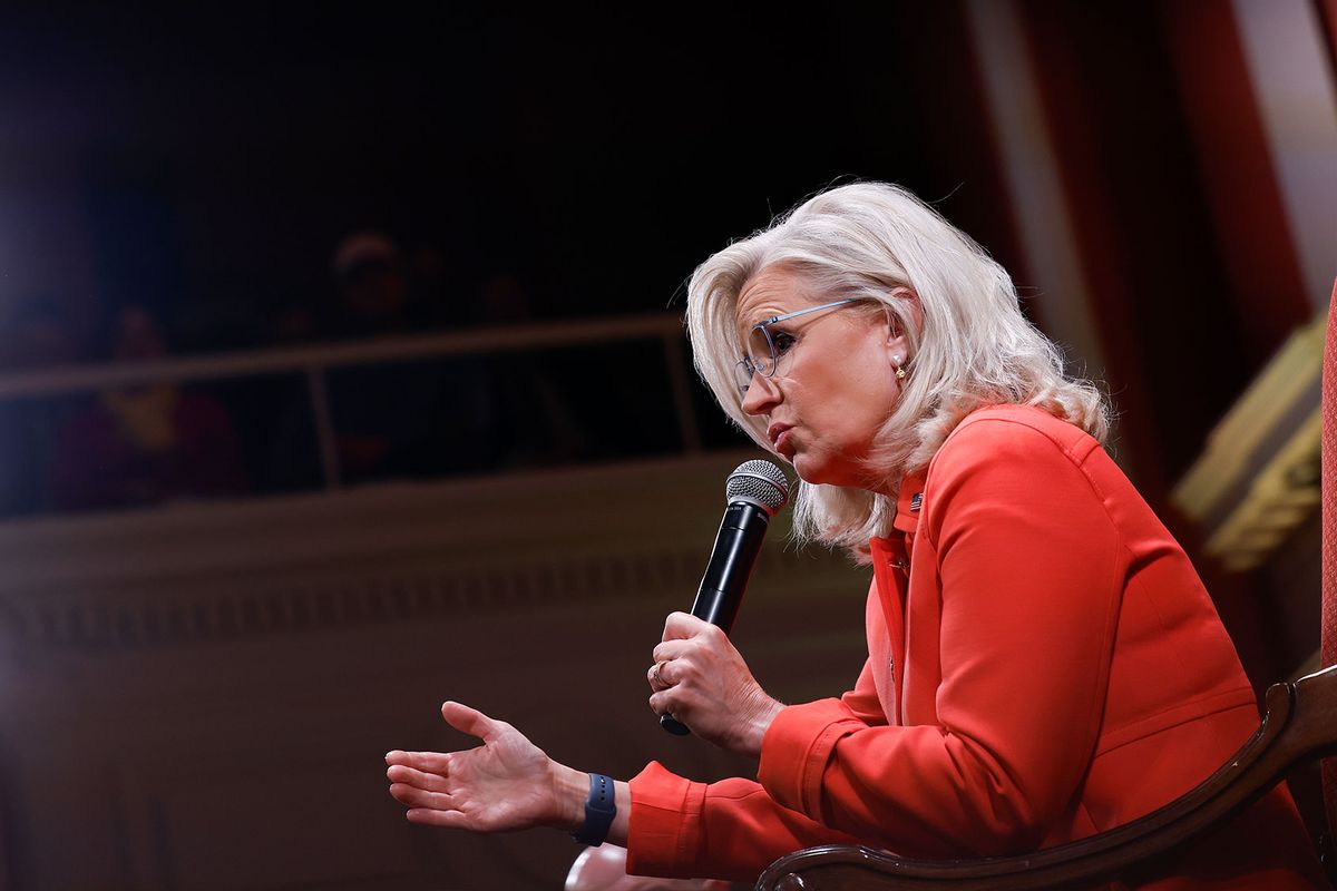 Former U.S. Rep. Liz Cheney (R-WY) listens to an audience members question during an event for her new book "Oath and Honor: A Memoir and a Warning" at the Sixth & I Historic Synagogue on December 13, 2023 in Washington, DC. (Anna Moneymaker/Getty Images)