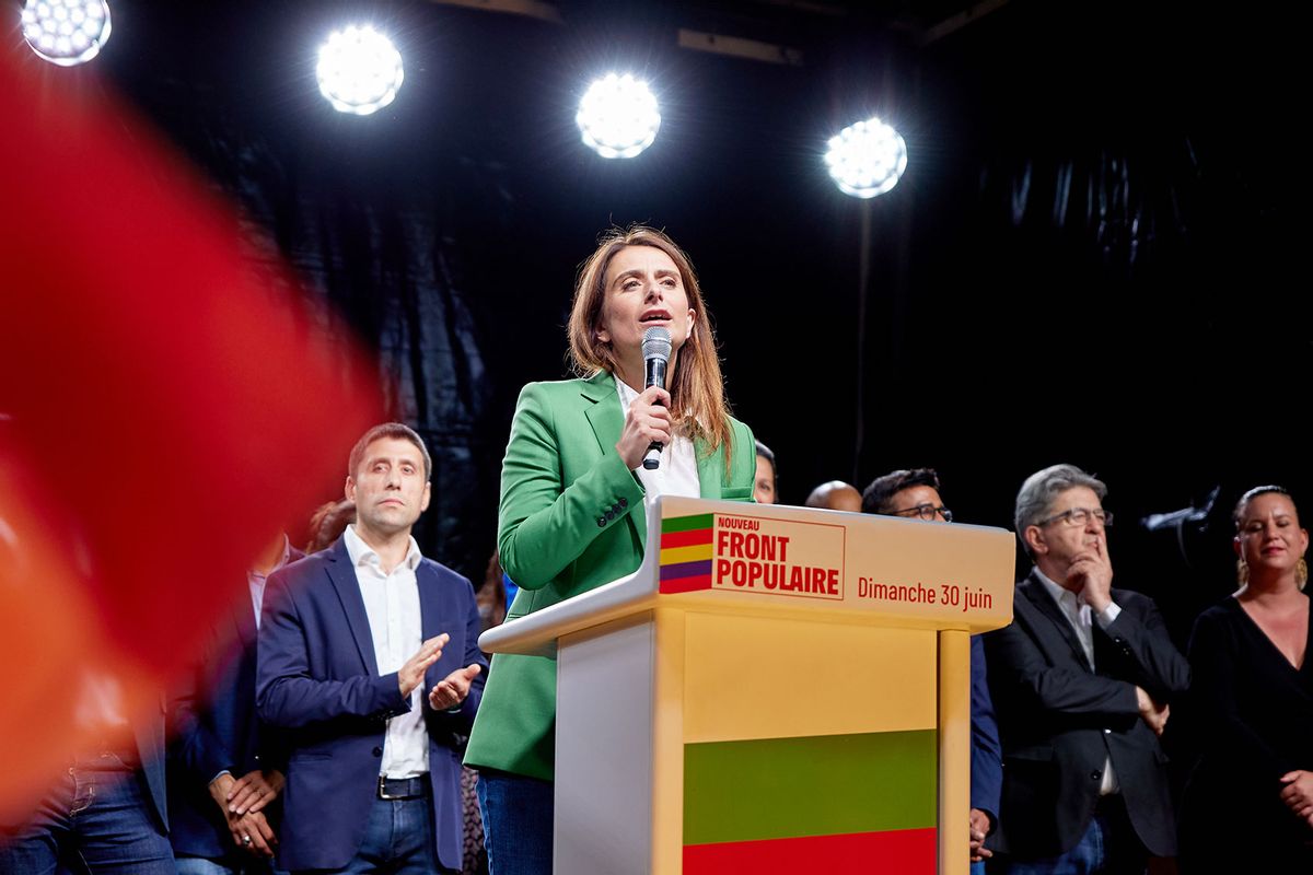 National Secretary of Europe Ecologie Les Verts, Marine Tondelier, addresses a speech on stage at a rally following the announcement of the results of the first round of the French parliamentary elections at Place de la Republique in Paris on June 30, 2024. (Adnan Farzat/NurPhoto via Getty Images)