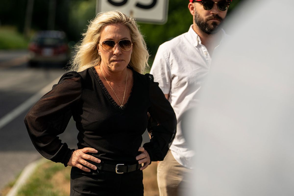 U.S. Rep. Marjorie Taylor Greene (R-GA) arrives to speak to the media at the Federal Correctional Institution Danbury where Steve Bannon, the former Donald Trump White House strategist, is expected to begin his four-month sentence on July 1, 2024 in Danbury, Connecticut. (David Dee Delgado/Getty Images)