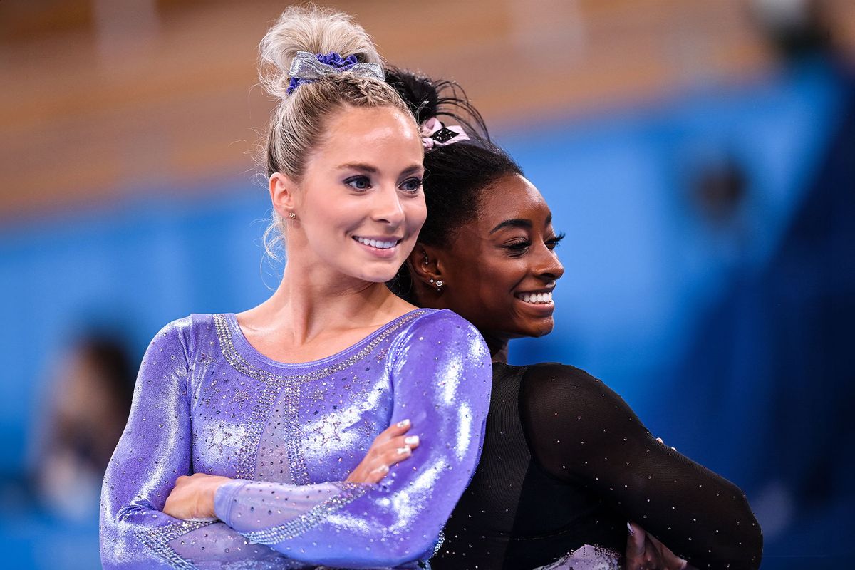 Mykayla Skinner, left, and Simone Biles of the United States during a training session at the Ariake Gymnastics Arena ahead of the start of the 2020 Tokyo Summer Olympic Games in Tokyo, Japan. (Ramsey Cardy/Sportsfile via Getty Images)