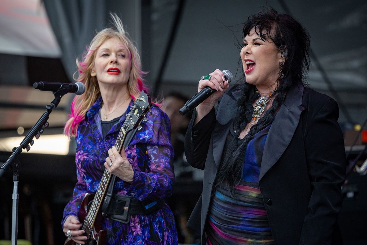 Ann Wilson and Nancy Wilson of Heart perform during day 4 of the New Orleans Jazz & Heritage Festival 2024 at Fair Grounds Race Course on April 28, 2024 in New Orleans, Louisiana. (Douglas Mason/WireImage/Getty Images)