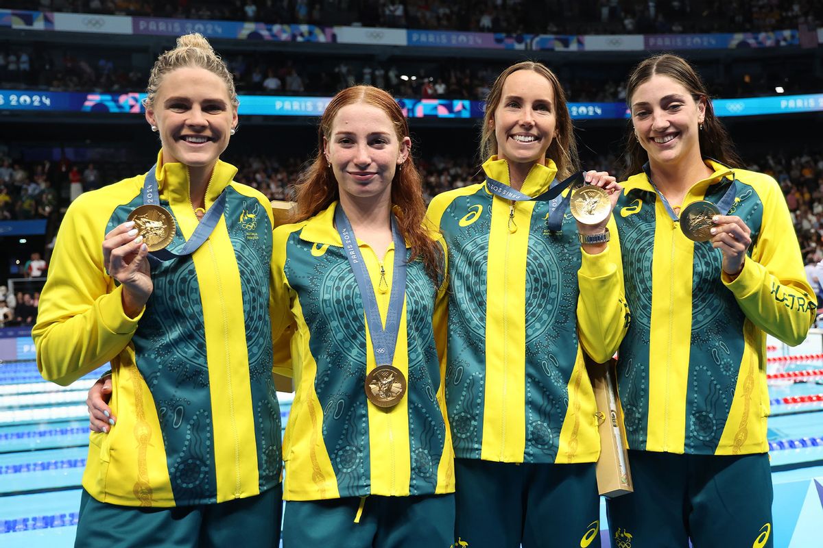 Gold Medalists, Mollie O'Callaghan, Shayna Jack, Emma McKeon and Meg Harris of Team Australia pose with their medals following the Medal Ceremony after the Women's 4x100m Freestyle Relay Final on day one of the Olympic Games Paris 2024 at Paris La Defense Arena on July 27, 2024 in Nanterre, France. (Ian MacNicol/Getty Images)